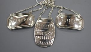 A pair of modern silver wine labels, Scotch & Bourbon, WI Broadway & Co, Birmingham, 2002 ( no