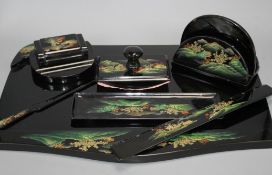 A Chinese Fuzhou (Foochow) lacquer desk set, mid 20th century, tiny flake loss to the edge of the