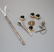 A modern silver swizzle stick, a similar propelling toothpick, five 925 dress studs, a modern silver