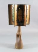 A French Accolay pottery copper and glass shard table lamp, c.1970, with concave hexagonal shade,