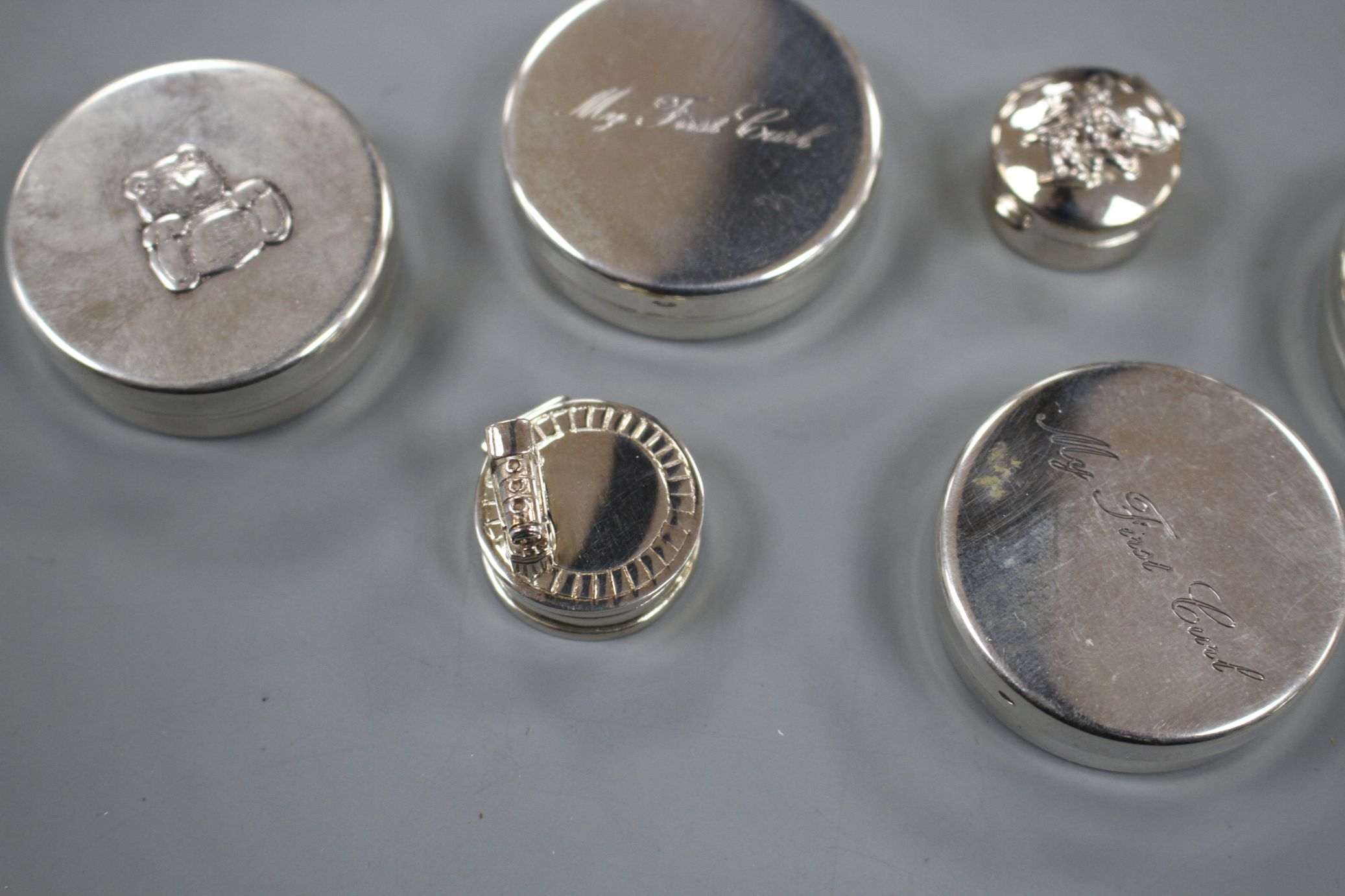 Six modern silver 'tooth fairy' circular boxes, including two 'My First Curl' boxes and one - Image 8 of 12