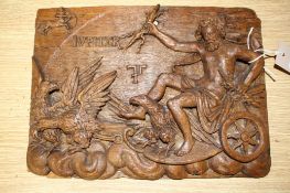 A 19th century Continental relief carved oak plaque depicting Jupiter riding in a chariot pulled