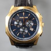 A gentleman's gilt steel Robert Cavalli quartz chronograph wrist watch, with box. Condition: Case