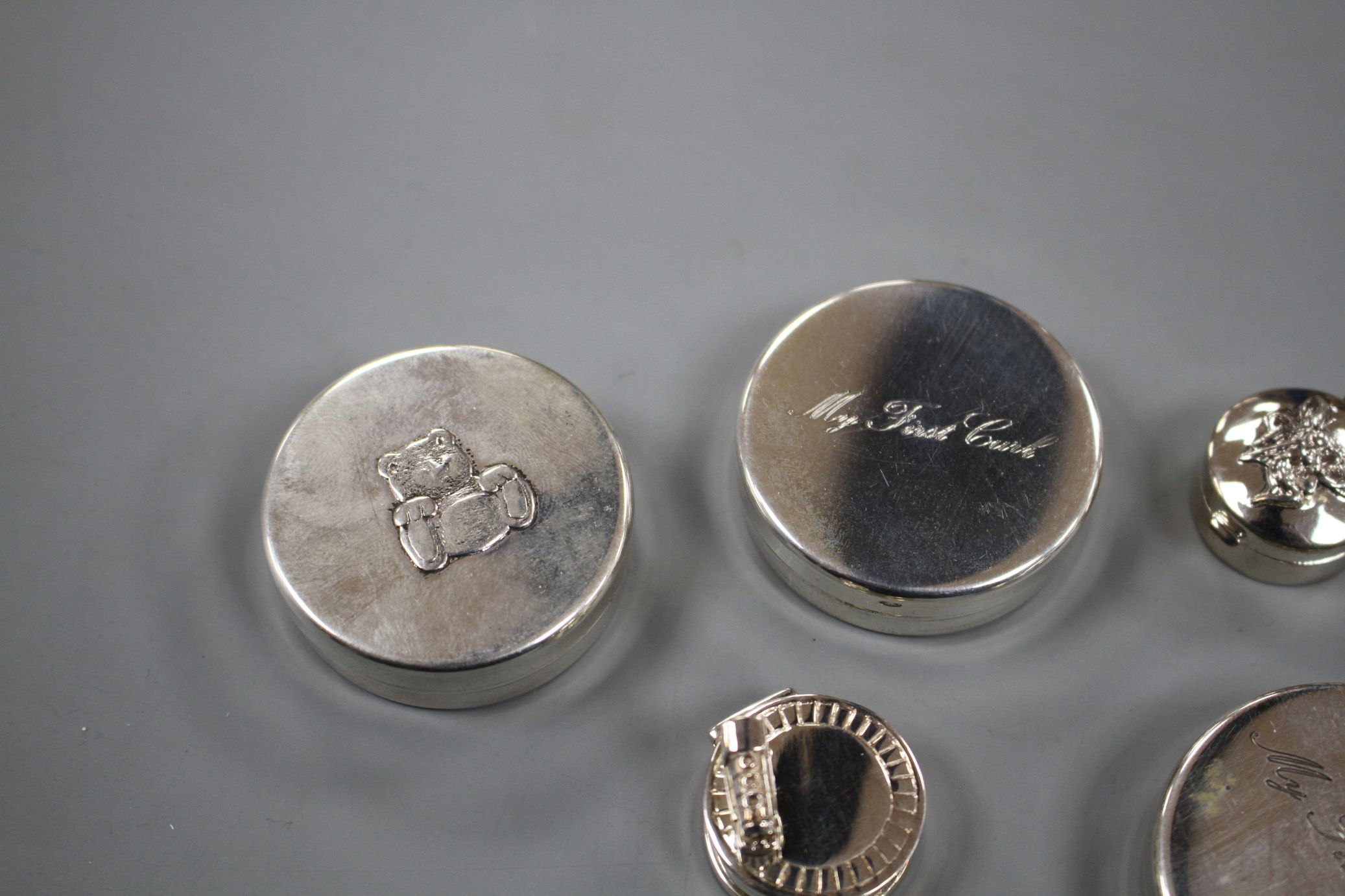 Six modern silver 'tooth fairy' circular boxes, including two 'My First Curl' boxes and one - Image 5 of 12