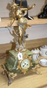 A large French gilt spelter and green onyx mantel clock, c.1910, with later lamp fitting, wear and