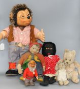 A Steiff Mecki, 20in.; a Steiff 'Pucki' and assorted toys including a Gollie gnome (5)