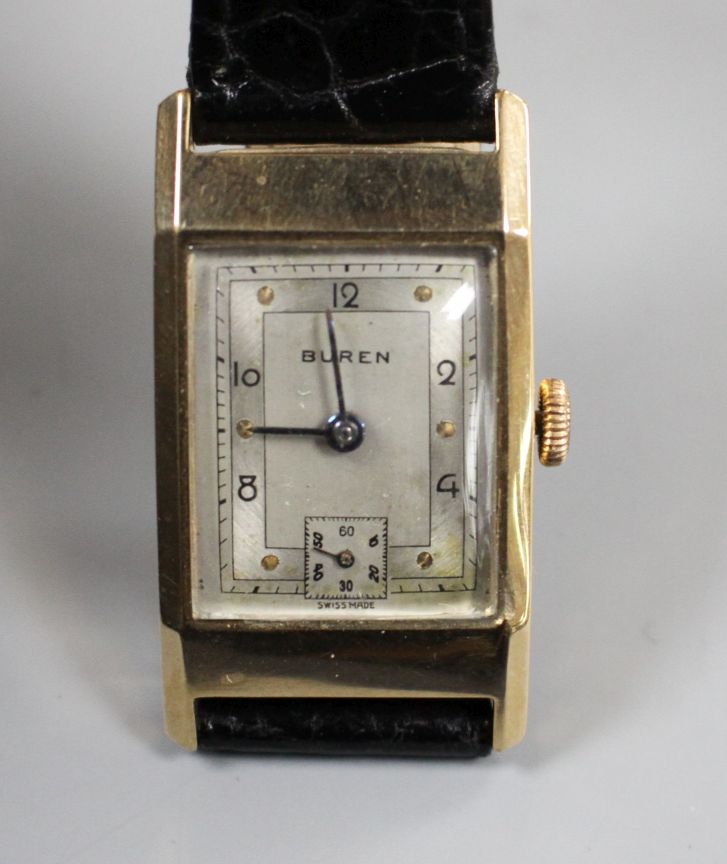A gentleman's 1940's 9ct gold Buren manual wind wrist watch, with rectangular Arabic dial and