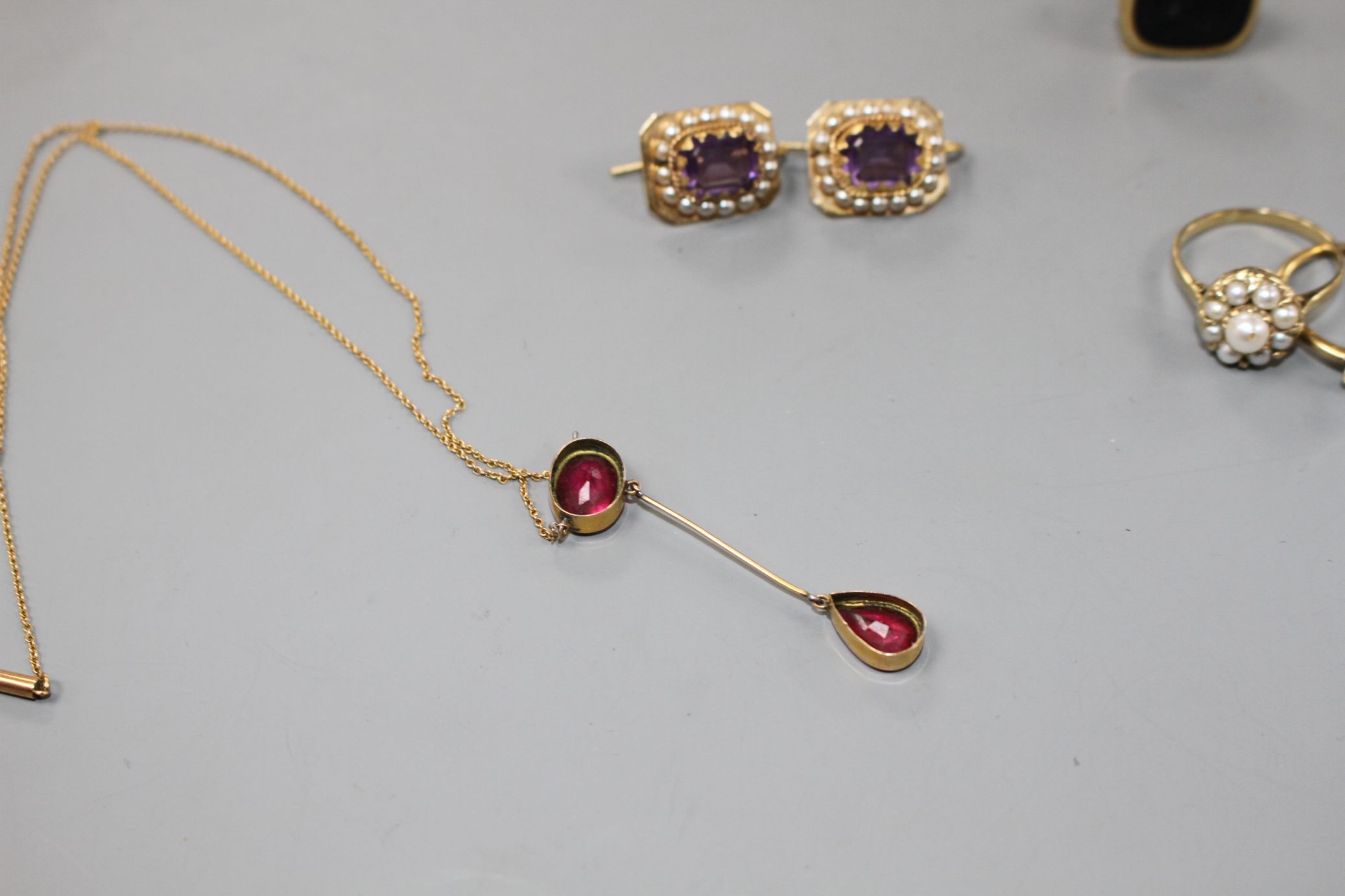 A pair of 20th century yellow metal (stamped 18c) and paste set earrings, a pink paste set drop - Image 6 of 7