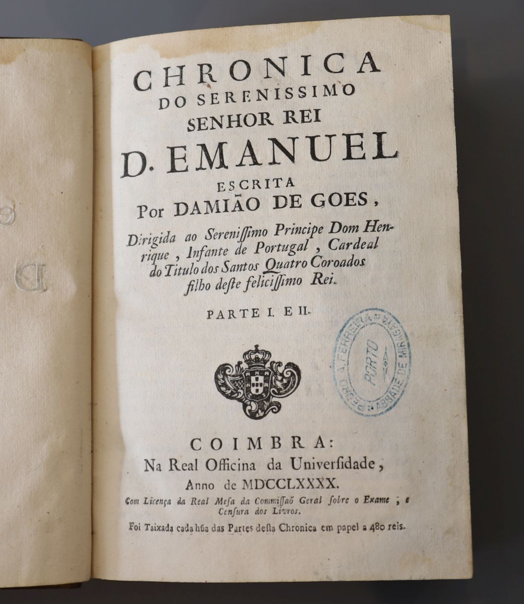 Gois, Damiao de, 1502-1574 - Chronica do serenissimo senhor rei d. Emanuel …. 2 vols, calf, 8vo,