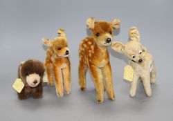 A Steiff 'Browny' bear, a 1950's Steiff deer and two other deer Condition: - Bear from the 1990'