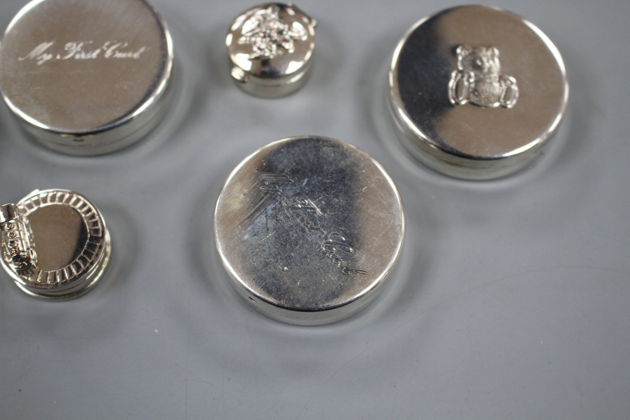 Six modern silver 'tooth fairy' circular boxes, including two 'My First Curl' boxes and one - Image 7 of 12