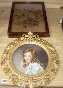 A gilt framed oil portrait of a young lady signed E. Reilly, diameter 22cm, overall 40cm, and two