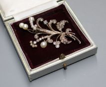 An early-mid 20th century yellow metal, cultured pearl and diamond set floral spray brooch, 62mm,