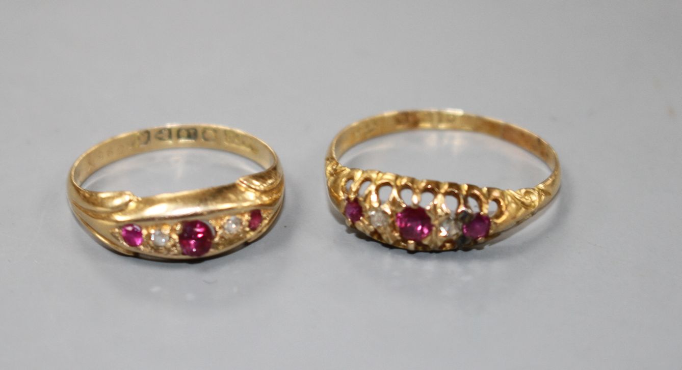 Two early 20th century 18ct gold, ruby and diamond set dress rings, sizes- N(3 stone) and R. Gross - Image 2 of 5