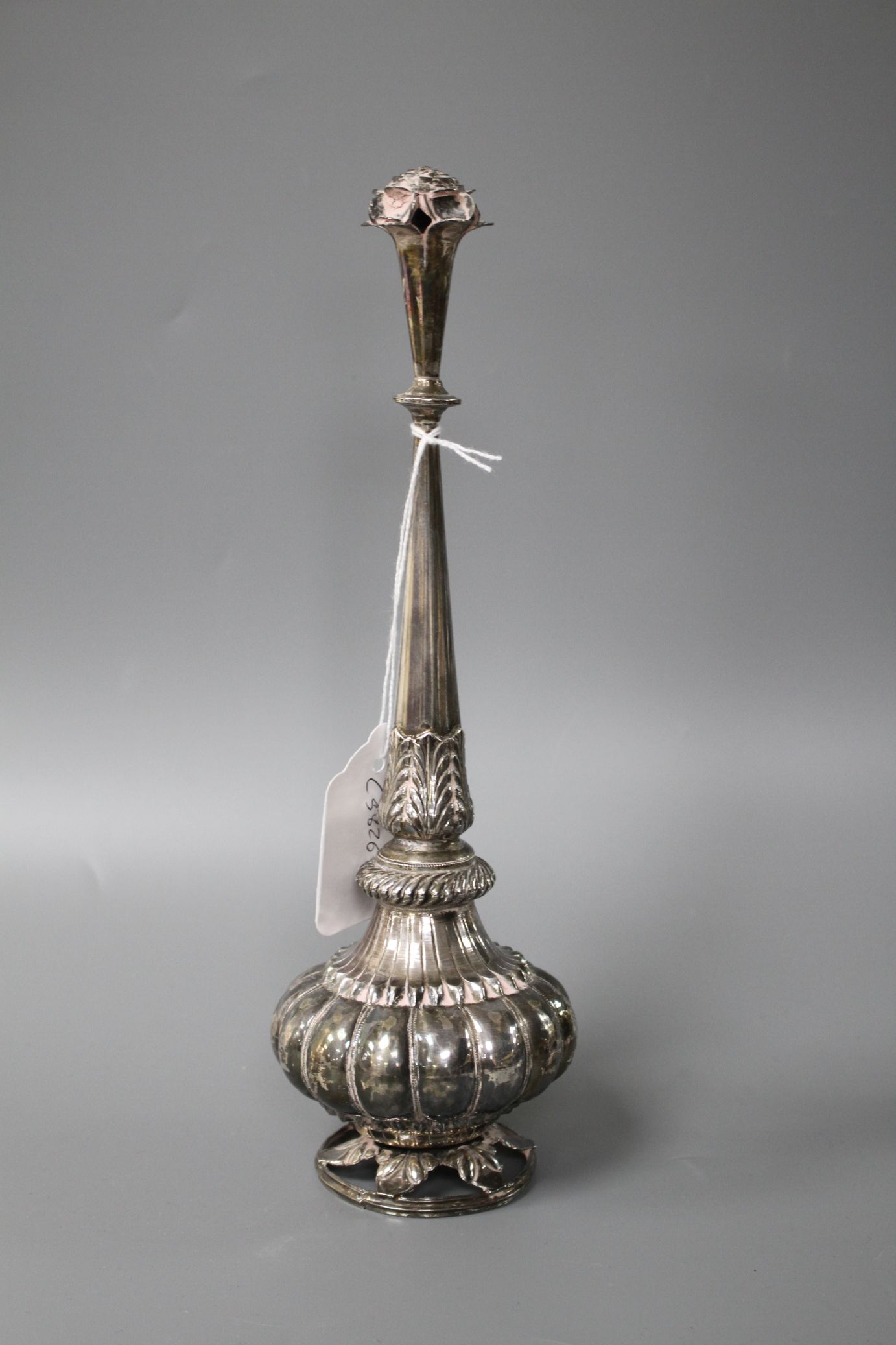 A 20th century Indian? white metal rosewater sprinkler, on pierced circular foliate base, height - Image 3 of 5