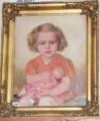 Josef Zenisek (1855-1944), oil on canvas, Portrait of a child holding a doll, signed and dated 1937,