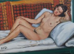 Francois Marius De Buzon (1879-1958), oil on canvas, Reclining female nude, signed, 48 x 65cm