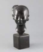 Nguyen Thanh Le (1919- Vietnam). A bronze head of a Vietnamese woman, signed, on lacquered wood base