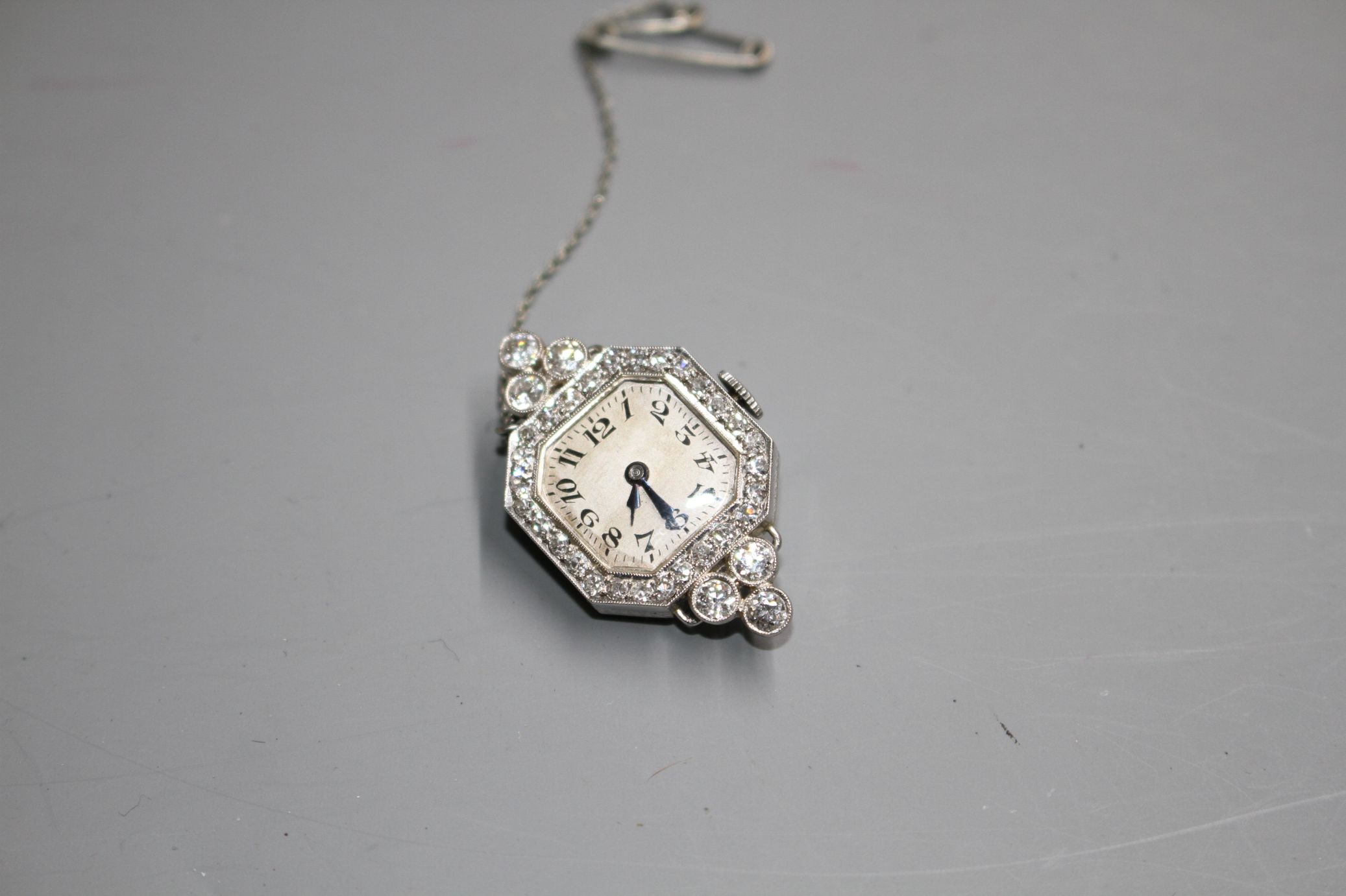 A lady's platinum and diamond set manual wind wrist watch (no strap) now with brooch fitting, - Image 3 of 5