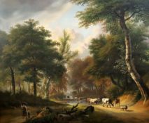 Attributed to Jan Baptiste de Jonghe (1785-1824), oil on canvas, Cattle in a wooded landscape, 72