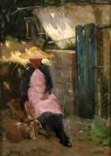 James Coutts Mitchie (1861-1919), oil on board, Garden scene with woman seated beside a rabbit,