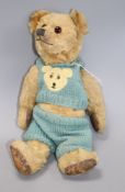 An Omega bear c.1950's, 16in., rexine pads, general hair loss