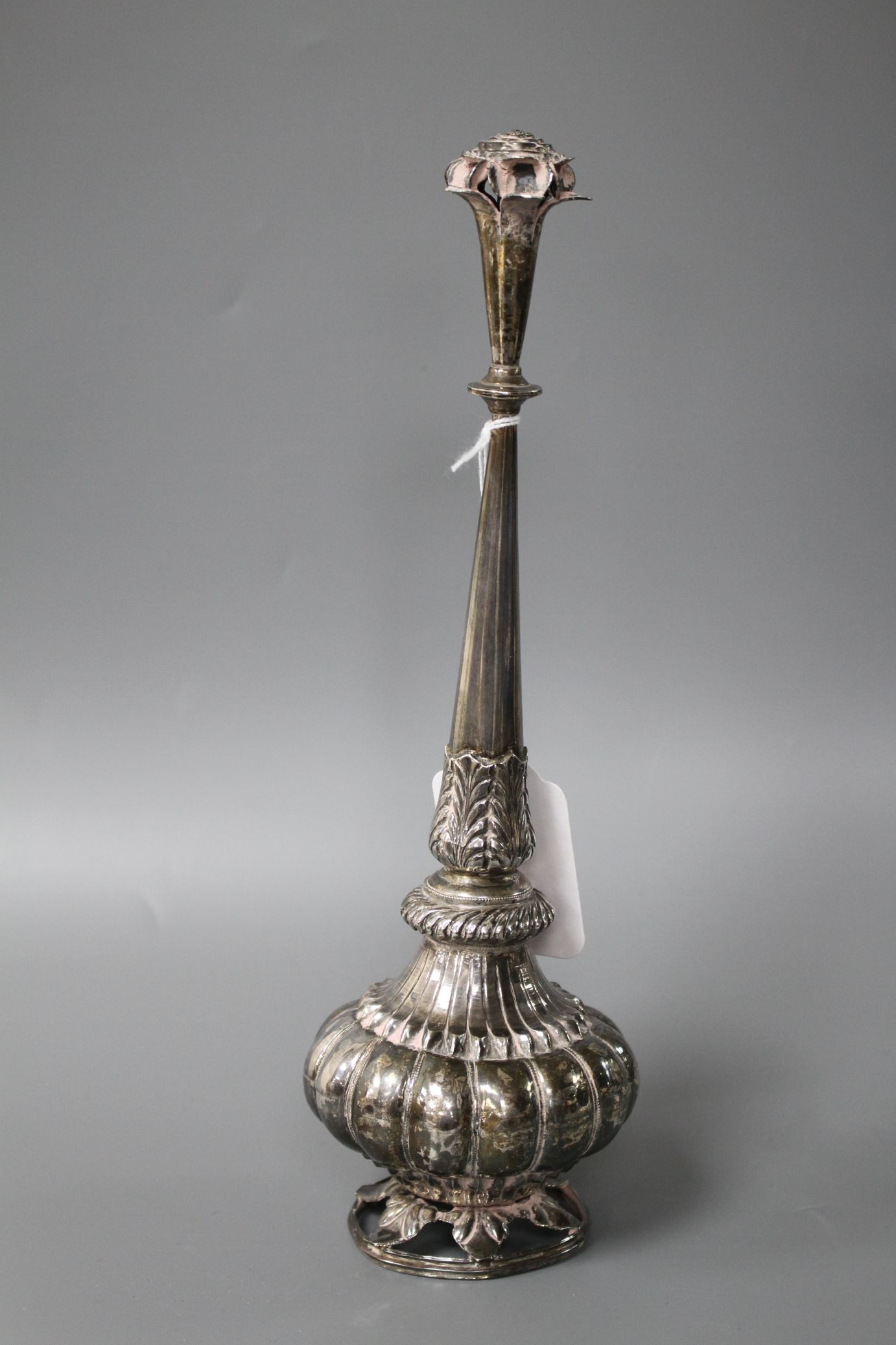 A 20th century Indian? white metal rosewater sprinkler, on pierced circular foliate base, height - Image 2 of 5