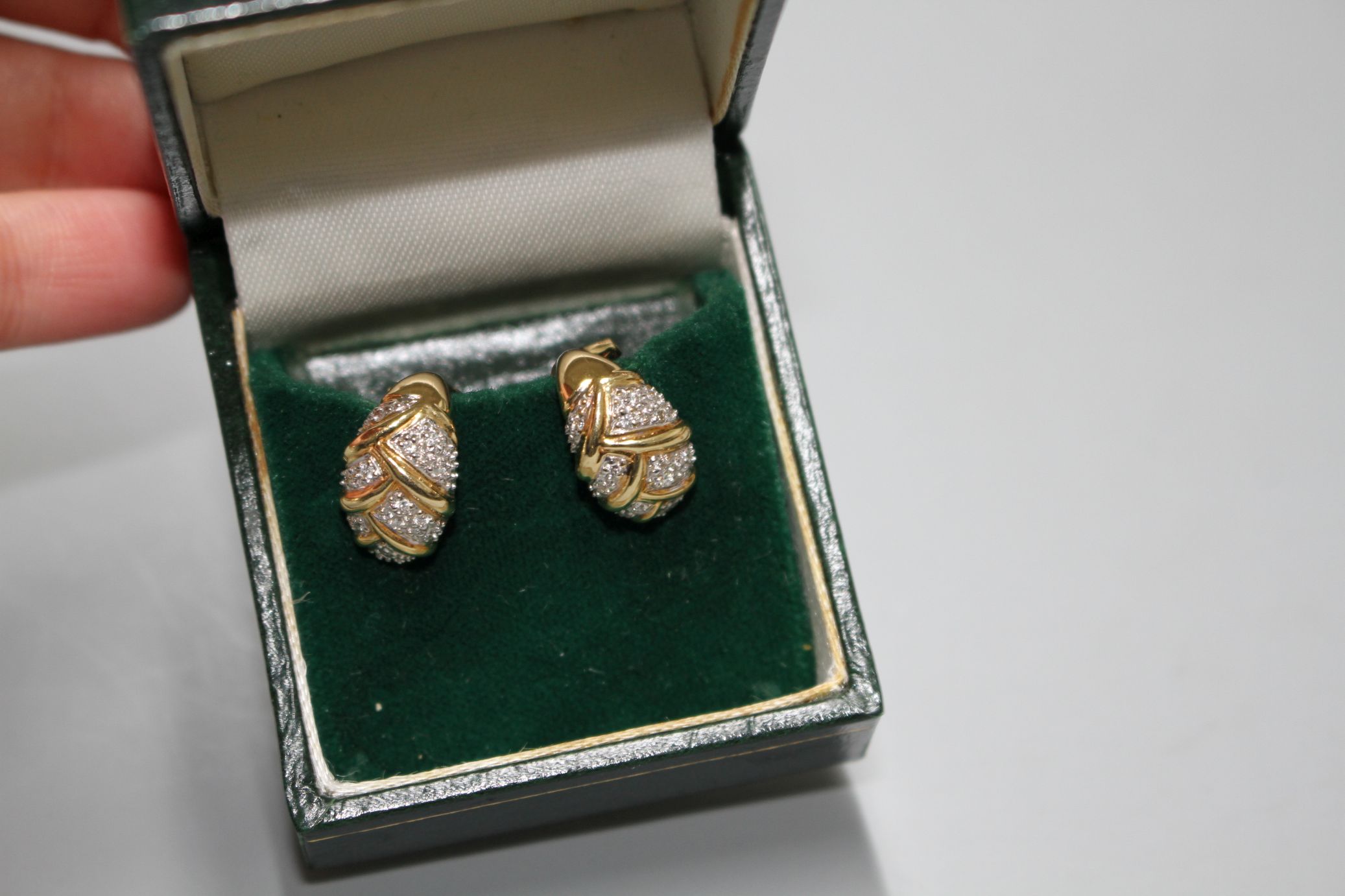 A pair of modern 18ct gold and pave set diamond cluster demi-lune earrings, 14mm, gross 5.9 grams. - Image 2 of 3