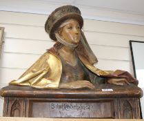 A late 19th century Black Forest carved gilt and stained pine bust of Sibilla Delphica, height