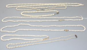 Seven assorted single strand cultured pearl necklaces, three with 925 clasps, two with 935 or 835