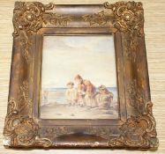 A Victorian watercolour of children on the seashore, 16 x 13cm, an oil on board of an angler in a