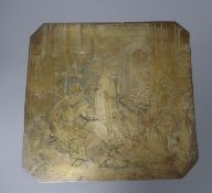 A 19th century engraved copper printing plate, probably later gilded, depicting figures around a