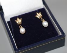 A modern pair of 375 and cultured pearl set drop earrings, 14mm Condition: Both in good condition.