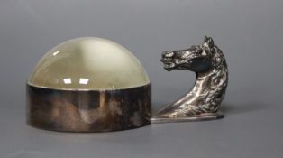 A silver plate mounted desk magnifying glass with horse's head handle, retailed by Hermes, Paris,