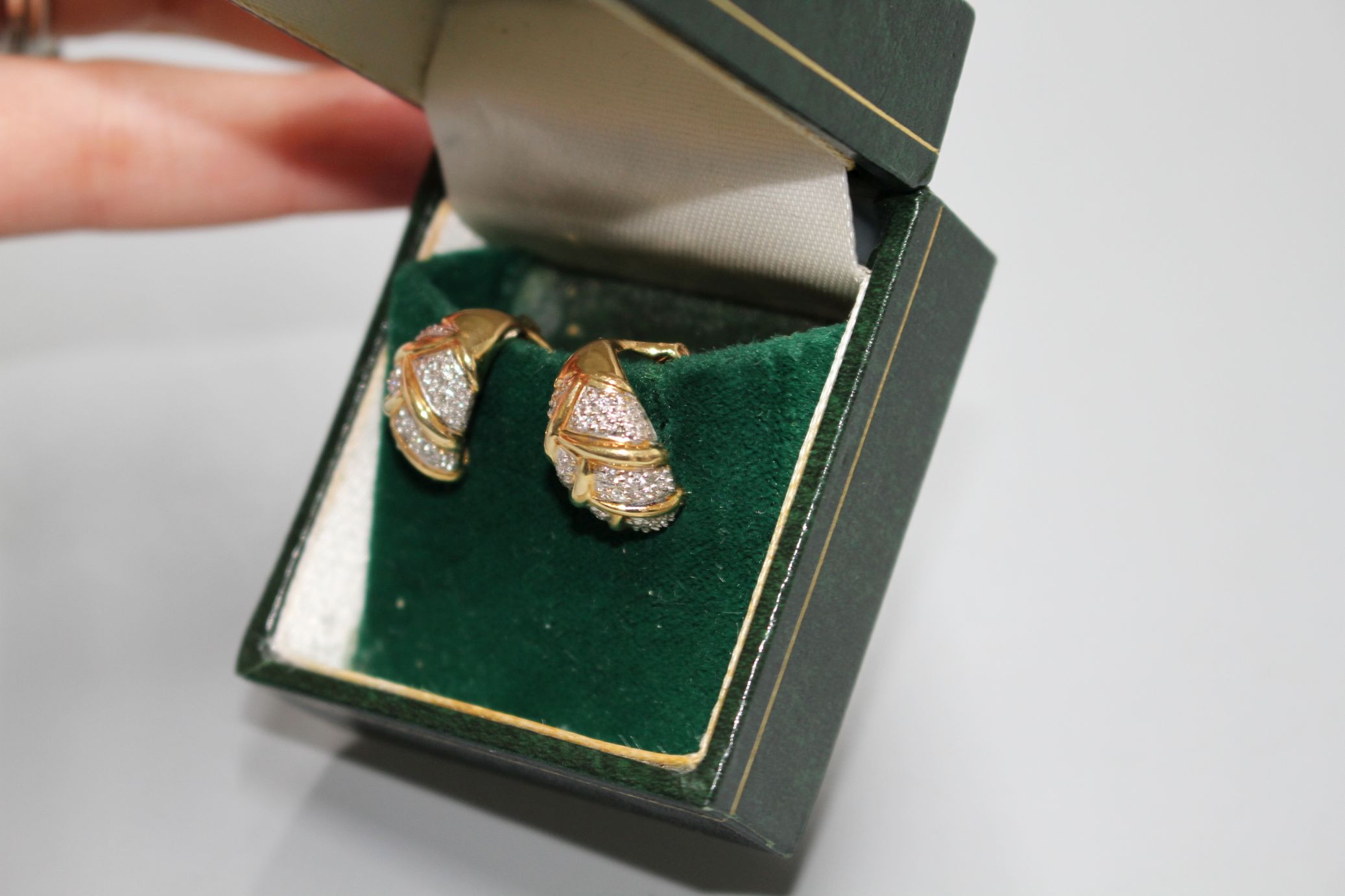 A pair of modern 18ct gold and pave set diamond cluster demi-lune earrings, 14mm, gross 5.9 grams. - Image 3 of 3