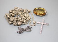 White metal jewellery to include a citrine mounted brooch, a filigree work necklace, a marcasite set