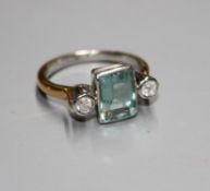 A 22ct and plat, blue paste and diamond set three stone dress ring, size OCondition: Gross 5.5grams.