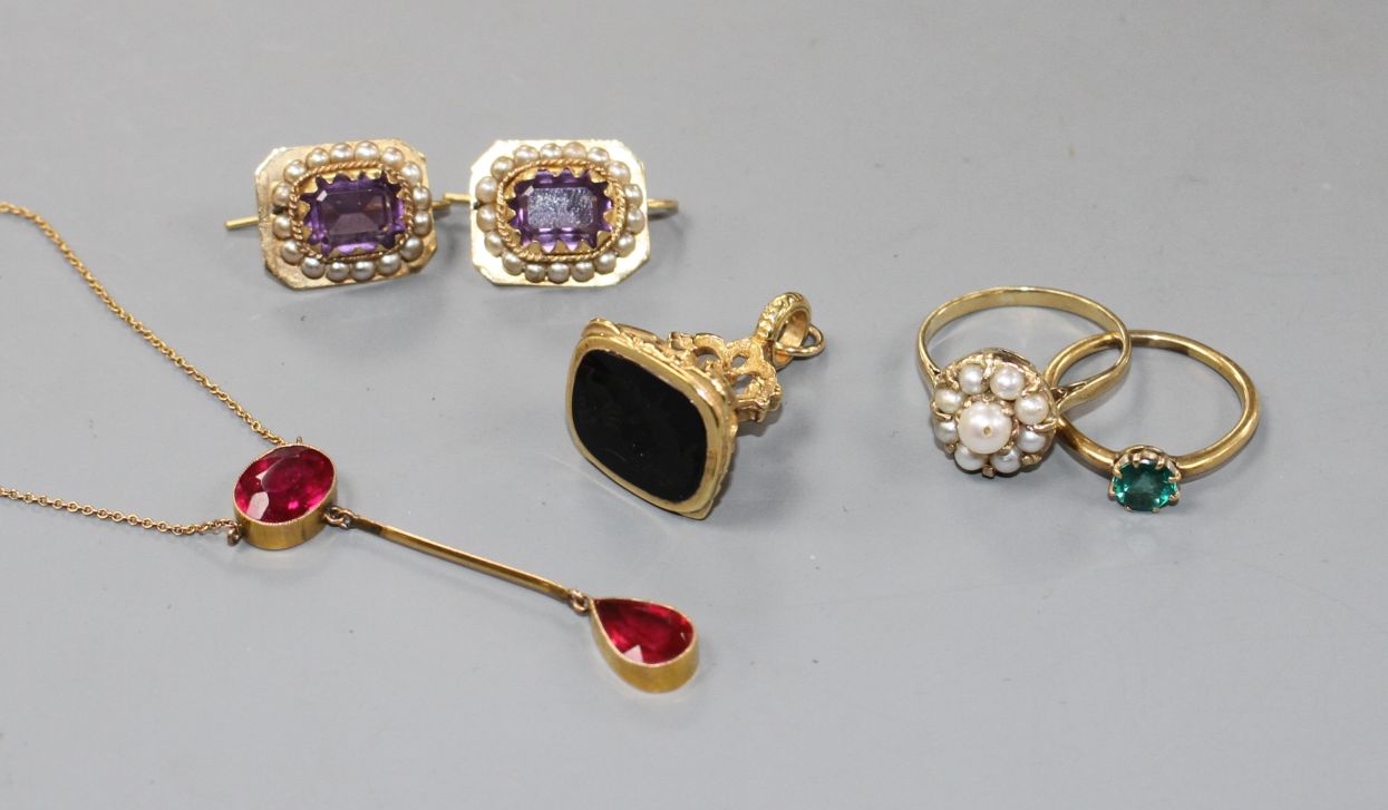 A pair of 20th century yellow metal (stamped 18c) and paste set earrings, a pink paste set drop