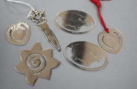 Six assorted modern silver bookmarks, of varying designs, including a pair of oval, engraved with