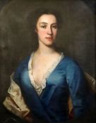 18th century English School, oil on canvas, Portrait of a lady wearing a blue dress, painted to