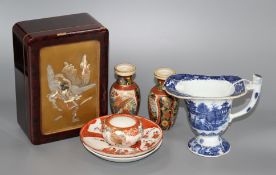 A Chinese blue and white jug, Japanese lacquer box and mixed Japanese ceramics Condition:- box