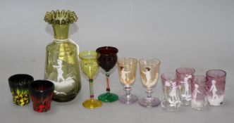 A Mary Gregory style vase, 17cm and ten assorted glass tots Condition: Slightly larger pair of