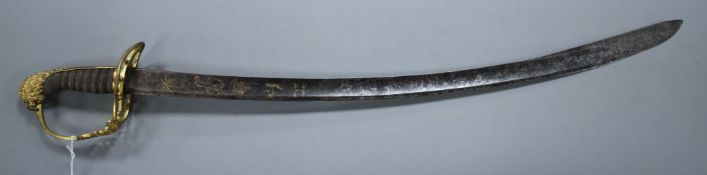 A Georgian infantry officer's sword, fine gilt hilt, the curved blade gilt etched with GR and