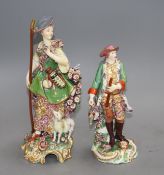 Two Chelsea gold anchor figures of a shepherdess and a huntsman, c.1765, 27.5 and 22.5cm