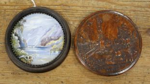 A carved wooden circular box lid, 'Vue Du Mole De Naples', diameter 8.3cm