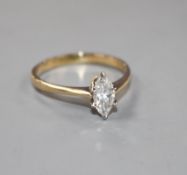 A 20th century Italian 18k yellow metal and marquise set solitaire diamond ring, size K, gross