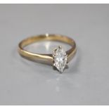 A 20th century Italian 18k yellow metal and marquise set solitaire diamond ring, size K, gross