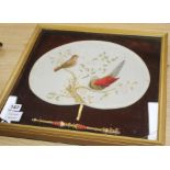 A Victorian silk and felt work hand screen, decorated with exotic birds, framed, 40 x 38cm