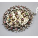 A continental white metal and gem set pendant locket brooch, 50mm, gross weight 31.5 grams.