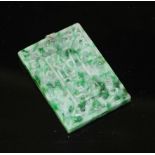 A carved jadeite and diamond set rectangular pendant, both sides decorated with Chinese characters